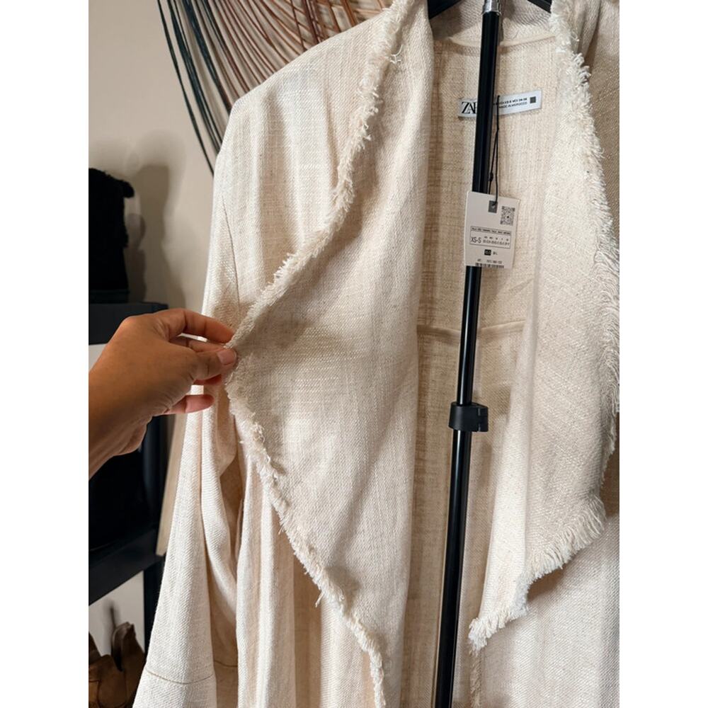 Zara NWT Rustic Frayed Linen Blend Trench Coat Light Beige XS-S 2909 - Picture 7 of 9